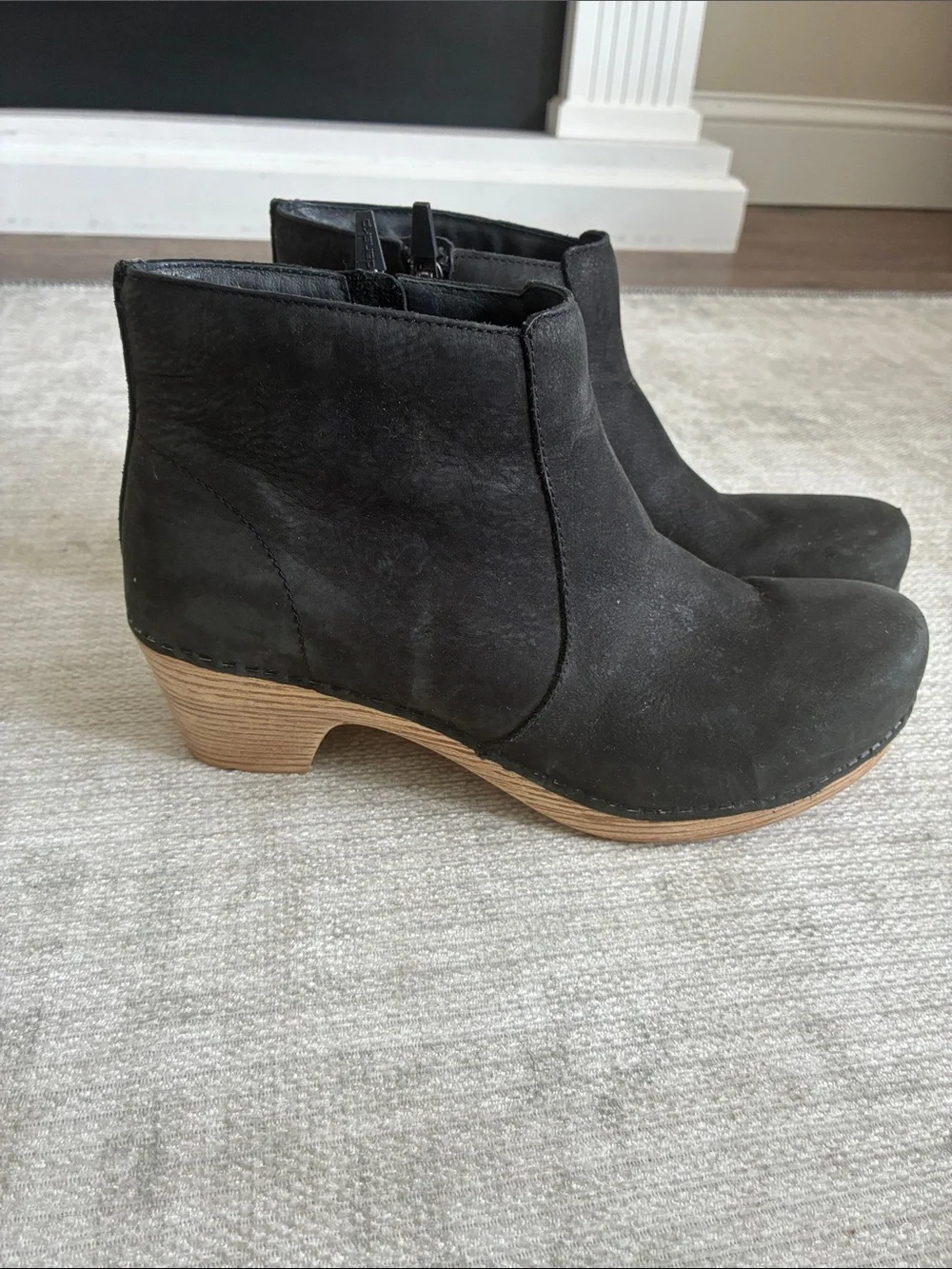Dansko Black Suede Ankle Booties with Wood-Look Heel
